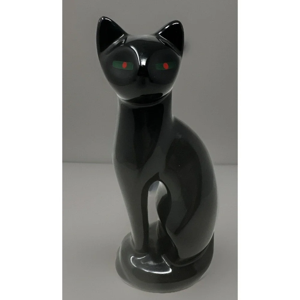 Vintage Siamese Black Cat Figurine Green Red Eyes Ceramic MCM 8.5